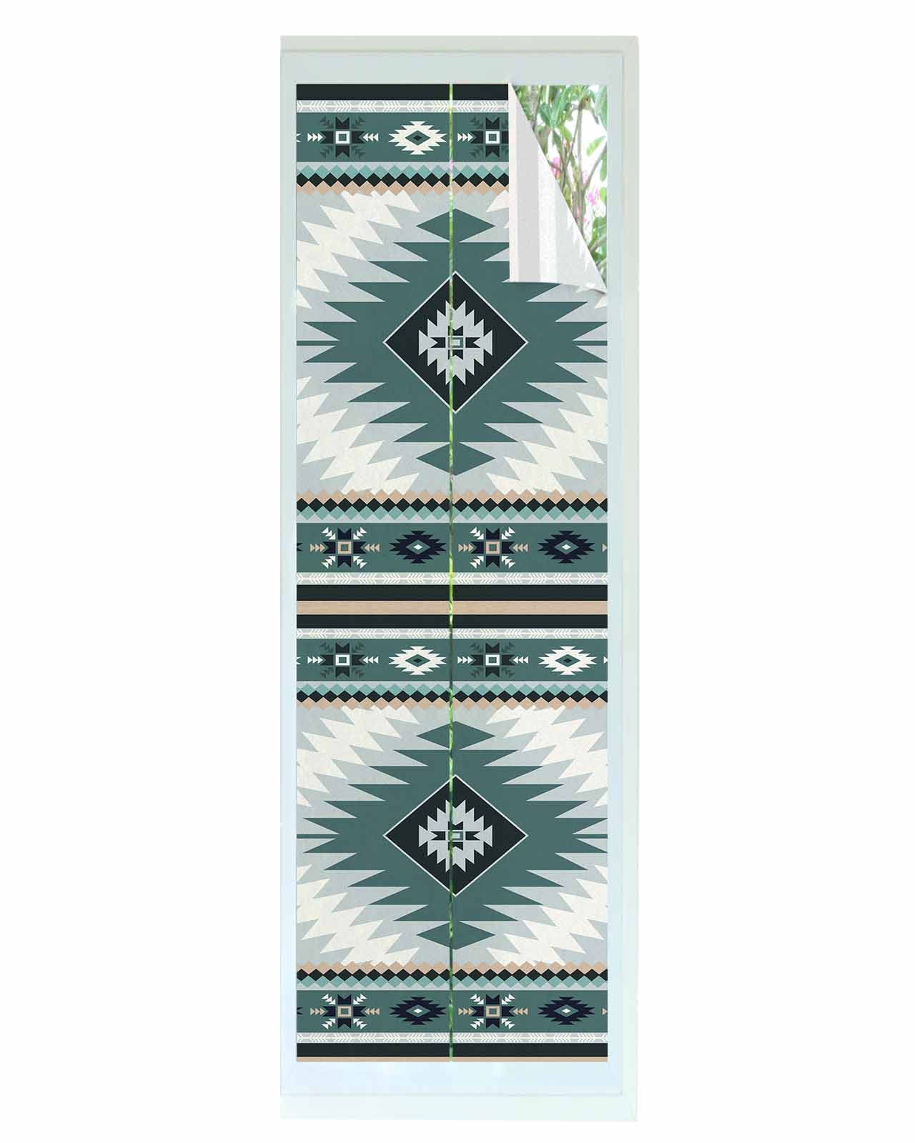 Window Privacy Film Teal Gray Boho Stained Glass Window Film Decorative Sun Block Window Cover Southwestern Ethnic Abstract Geometric Window Clings Static Adhesive Sticker for Bathroom 23.6"x78.7"