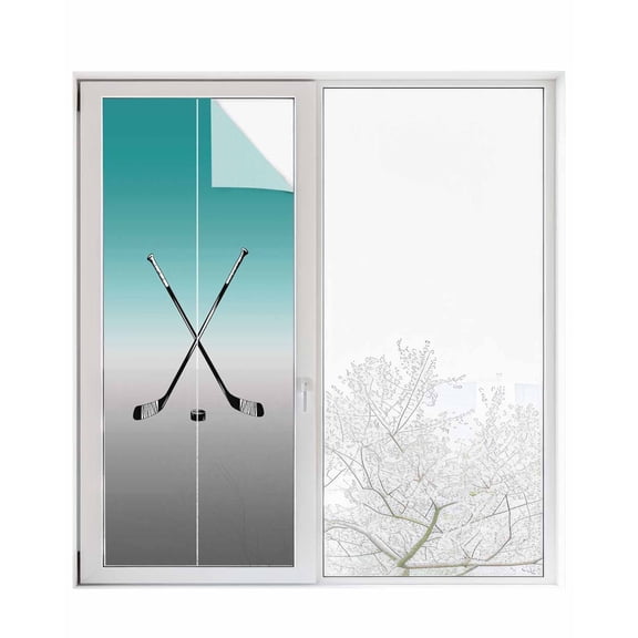 Window Privacy Film Teal Gray Ombre Stained Glass Window Film Decorative Sun Block Window Cover Black Hockey Sticks Minimalist Style Window Clings Static Adhesive Sticker for Bathroom 29.5"x78.7"