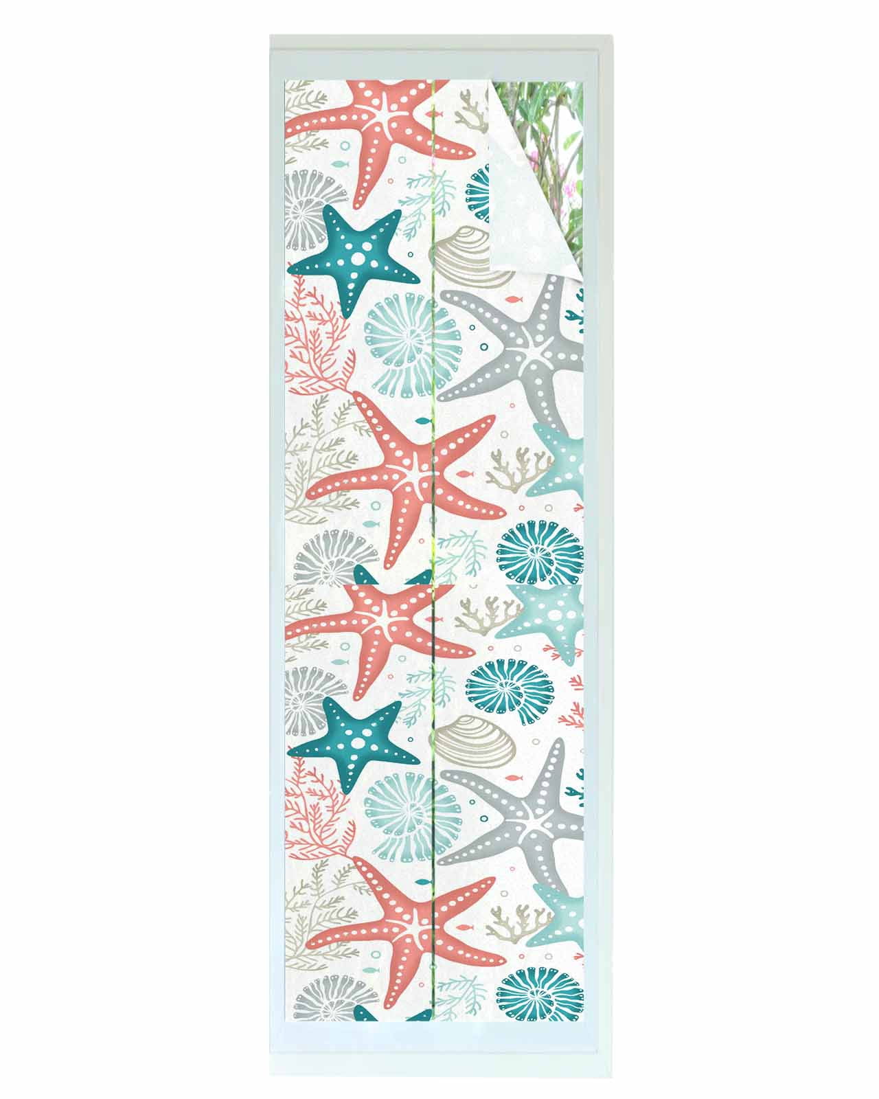 Window Privacy Film, Teal Green Coral Sun Blocking Window Tint Film Heat Control One Way Blackout Window Film, Spring Summer Coastal Starfish Beach Nautical Conch Non Adhesive Static Cling 17.7x78.7