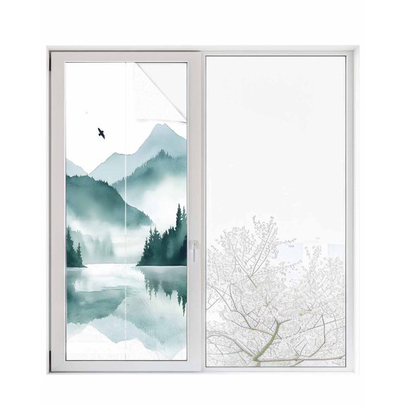 Window Privacy Film Teal Green Forest Stained Glass Window Film Decorative Sun Block Window Cover Summer Botanical Trees Mountain Window Clings Static Adhesive Sticker for Bathroom 23.6"x59"