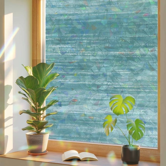 Window Privacy Film Teal Green Stained Glass Window Film Ombre Abstract Texture Rainbow Static Window Clings for Glass Windows Home Bathroom Living Room Office Glass Door Sticker 17.7"39.3"