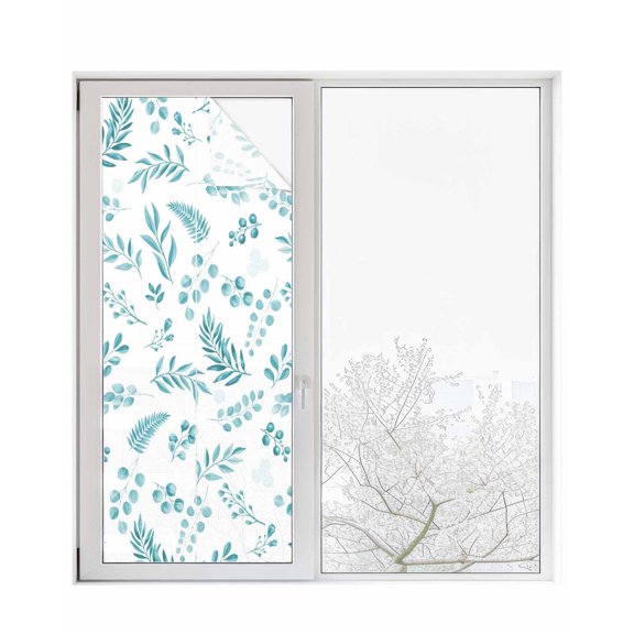 Window Privacy Film Teal Leaves Stained Glass Window Film Decorative Sun Block Window Cover Summer Plants Flowers Vintage Pastoral Window Clings Static Adhesive Sticker for Bathroom 23.6"x59"