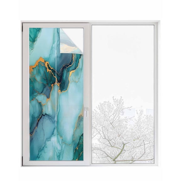 Window Privacy Film Teal Marble Stained Glass Window Film Decorative Sun Block Window Cover Modern Abstract Art Luxury Yellow Window Clings Static Adhesive Sticker for Bathroom 23.6"x59"