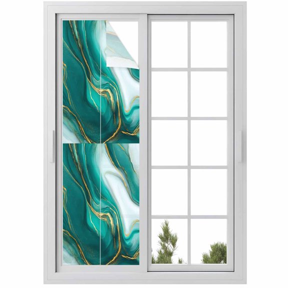 Window Privacy Film Teal Marble Stained Glass Window Film Decorative Sun Block Window Cover Modern Gradient Abstract Gold Fluid Art Window Clings Static Adhesive Sticker for Bathroom 29.5"x118"