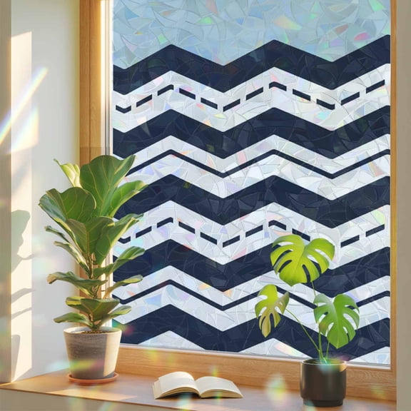 Window Privacy Film Teal Navy Blue Waves Stained Glass Window Film Chevron Stripe Rainbow Static Window Clings for Glass Windows Home Bathroom Living Room Office Glass Door Sticker 17.7"39.3"