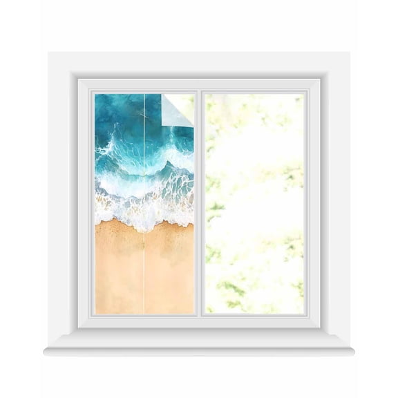 Window Privacy Film Teal Ocean Waves Stained Glass Window Film Decorative Sun Block Window Cover Summer Beach Coastal Nautical Window Clings Static Adhesive Sticker for Bathroom 19.6"x39.3"