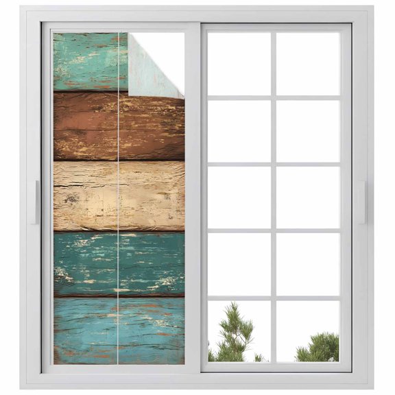 Window Privacy Film Teal Turquoise Wooden Stained Glass Window Film Decorative Sun Block Window Cover Rustic Retro Farmhouse Western Country Window Clings Static Sticker for Bathroom 23.6"x59"