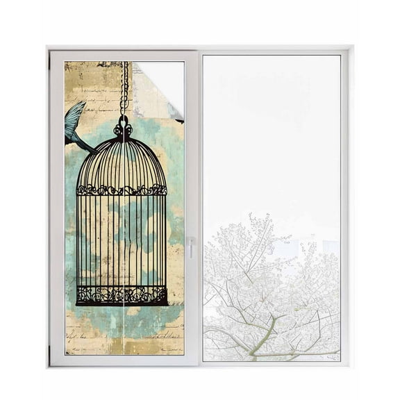 Window Privacy Film Teal Vintage Birds Stained Glass Window Film Decorative Sun Block Window Cover Retro Birdcage Watercolor Window Clings Static Adhesive Sticker for Bathroom 23.6"x59"