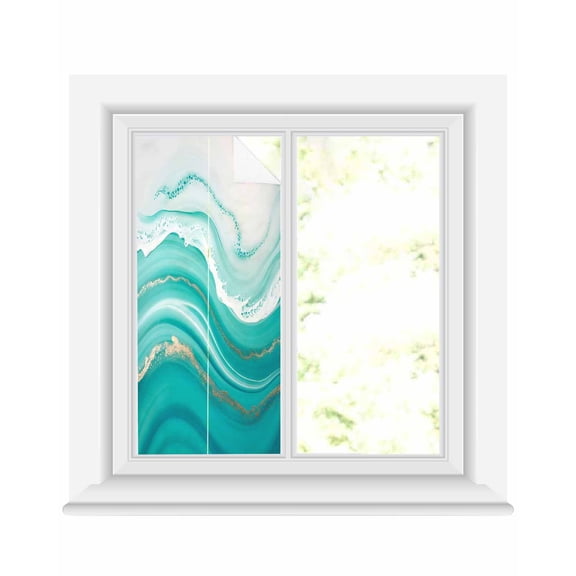 Window Privacy Film Teal Waves Abstract Stained Glass Window Film Decorative Sun Block Window Cover Gradient Fluid Water Ripple Window Clings Static Adhesive Sticker for Bathroom 17.7"x39.3"