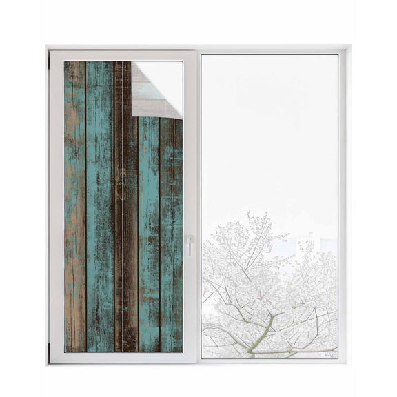 Window Privacy Film Teal Wood Grain Stained Glass Window Film Decorative Sun Block Window Cover Gradient Farm Old Wooden Board Vintage Window Clings Static Adhesive Sticker for Bathroom 23.6"x59"