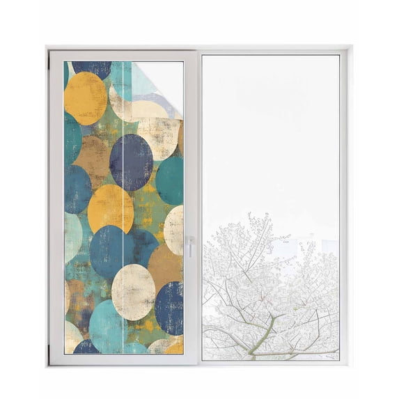 Window Privacy Film Teal Yellow Circle Stained Glass Window Film Decorative Sun Block Window Cover Geometric Abstract Art Window Clings Static Adhesive Sticker for Bathroom 23.6"x59"