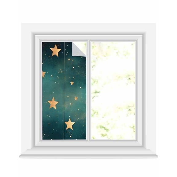 Window Privacy Film Teal Yellow Star Stained Glass Window Film Decorative Sun Block Window Cover Elegant Sky Star Art Window Clings Static Adhesive Sticker for Bathroom 19.6"x39.3"
