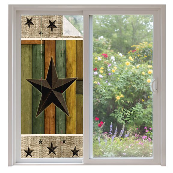 Window Privacy Film Texas Star Wooden Stained Glass Window Film Decorative Window Cover Western Stars Farmhouse Wooden Plank Border Window Clings Static Adhesive Sticker for Bathroom 35.4"x78.7"