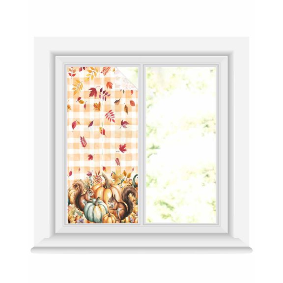 Window Privacy Film Thanksgiving Fall Pumpkins Stained Glass Window Film Decorative Sun Block Window Cover Leaf Squirrel Country Plaid Window Clings Static Adhesive Sticker for Bathroom 19.6"x39.3"