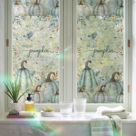Window Privacy Film,Thanksgiving Hello Pumpkin Leaves Static Clings Decorative Rainbow Window Films Stickers Fall Harvest Letter Back Sun Blocking Glass Cover for Home Bathroom Office,17.7"x39.3"