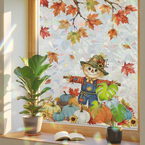 Window Privacy Film Thanksgiving Pumpkin Cartoon Man Stained Glass Static Cling 18x39inch, Fall Maple Leaf Orange Gradient Rainbow Window Film Glass Sticker for Bathroom Bedroom Home