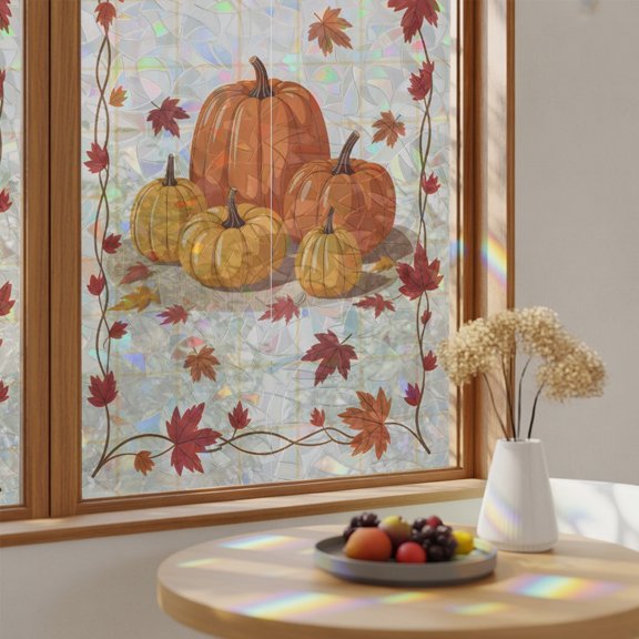 Window Privacy Film Thanksgiving Pumpkin Fall Maple Leaf Orange Watercolor Stained Glass Static Cling 24x59inch, Cartoon Style Rainbow Window Film Glass Sticker for Bathroom Bedroom Home