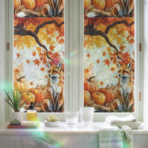 Window Privacy Film,Thanksgiving Pumpkin Forest Fox Static Clings Decorative Rainbow Window Films Stickers Autumn Ombre Maple Leaf Sun Blocking Glass Cover for Home Bathroom Office,17.7"x39.3"