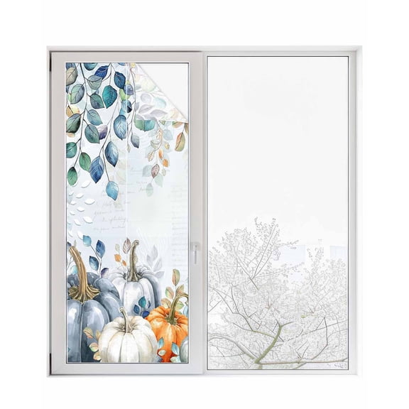Window Privacy Film Thanksgiving Stained Glass Window Film Decorative Sun Block Window Cover Autumn Blue White Orange Pumpkin Eucalyptus Window Clings Static Adhesive Sticker for Bathroom 23.6"x59"
