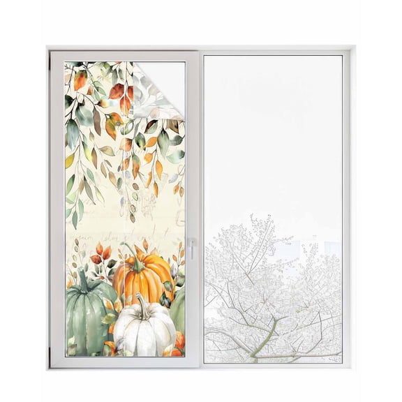Window Privacy Film Thanksgiving Stained Glass Window Film Decorative Sun Block Window Cover Sage Green Eucalyptus Orange White Pumpkin Window Clings Static Adhesive Sticker for Bathroom 23.6"x59"