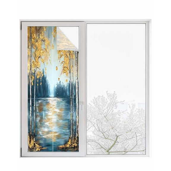 Window Privacy Film Tree Oil Painting Stained Glass Window Film Decorative Sun Block Window Cover Impressionist Style Falling Leaves Window Clings Static Adhesive Sticker for Bathroom 23.6"x59"