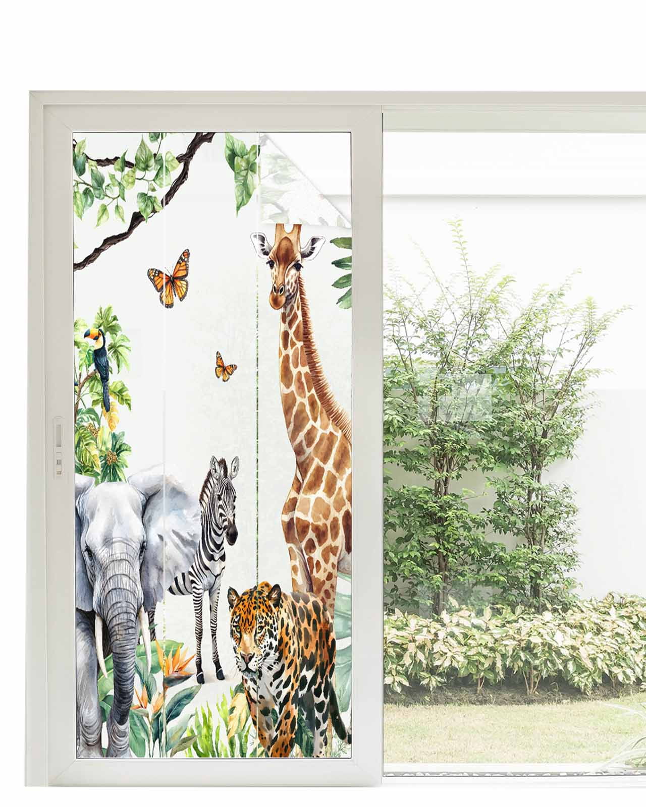 Window Privacy Film Tropical Animals Stained Glass Window Film Decorative Sun Block Window Cover Summer Palm Leaves Watercolor Window Clings Static Adhesive Sticker for Bathroom 35.4"x78.7"