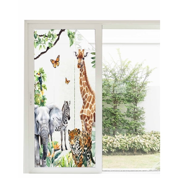 Window Privacy Film Tropical Animals Stained Glass Window Film Decorative Sun Block Window Cover Summer Palm Leaves Watercolor Window Clings Static Adhesive Sticker for Bathroom 35.4"x78.7"