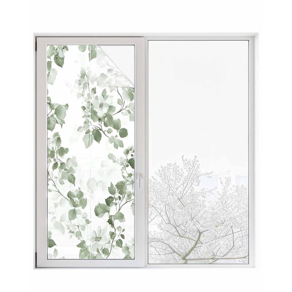 Window Privacy Film Tropical Foliage Stained Glass Window Film Decorative Sun Block Window Cover Sage Green Botanical Spring Summer Window Clings Static Adhesive Sticker for Bathroom 23.6"x59"