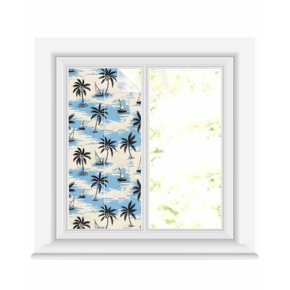 Window Privacy Film Tropical Plants Stained Glass Window Film Decorative Sun Block Window Cover Cartoon Summer Ocean Beach Palm Tree Window Clings Static Adhesive Sticker for Bathroom 17.7"x39.3"