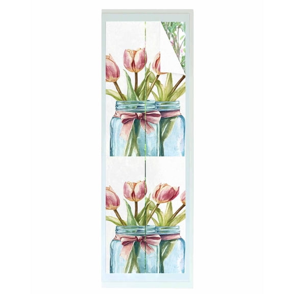 Window Privacy Film Tulip Flower Stained Glass Window Film Decorative Sun Block Window Cover Spring Oil Painting Floral Leaf Bow Vase Window Clings Static Adhesive Sticker for Bathroom 29.5"x118"