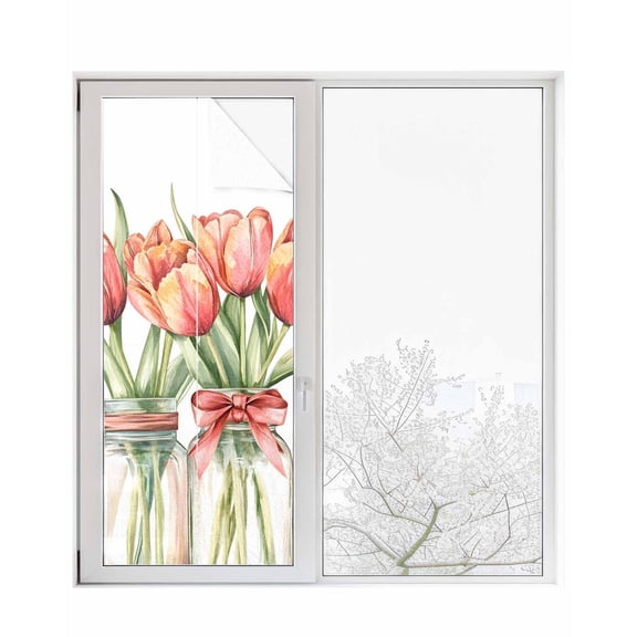 Window Privacy Film Tulips Flower Red Stained Glass Window Film Decorative Sun Block Window Cover Spring Watercolor Floral Leaf in Vase Window Clings Static Adhesive Sticker for Bathroom 23.6"x59"