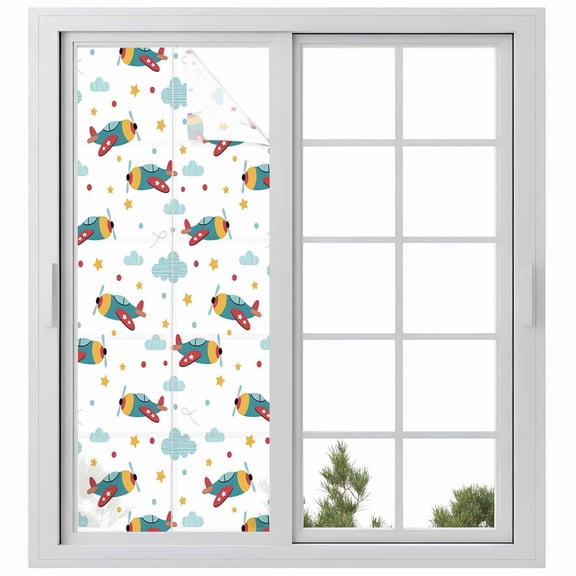 Window Privacy Film Turquoise Airplane Stained Glass Window Film Decorative Sun Block Window Cover Modern Art Cartoon Aircraft Clouds Window Clings Static Adhesive Sticker for Bathroom 23.6"x59"
