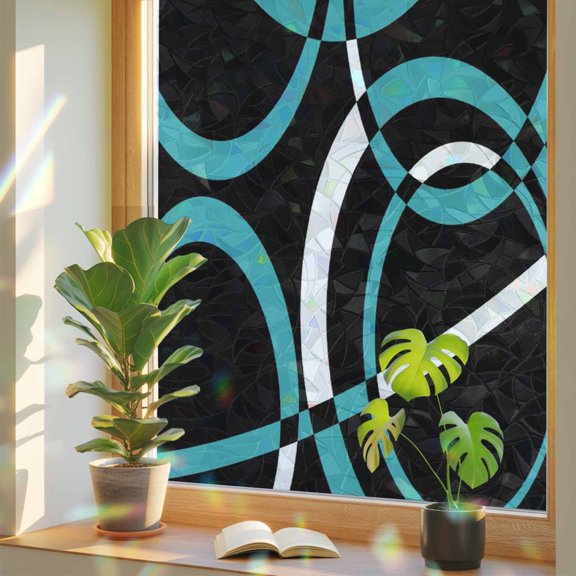 Window Privacy Film Turquoise Black Geometric Circle Stained Glass Window Film Modern Abstract Lines Static Window Clings for Glass Windows Home Bathroom Living Room Office Door Sticker 17.7"39.3"