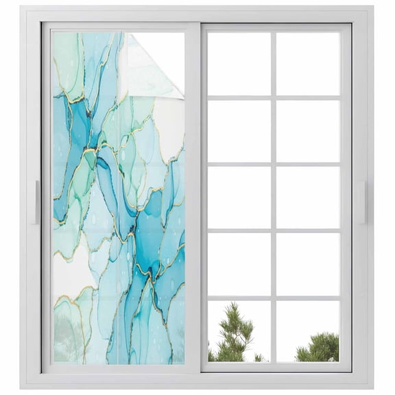 Window Privacy Film Turquoise Blue Marble Stained Glass Window Film Decorative Sun Block Window Cover Modern Abstract Art Cracks Window Clings Static Adhesive Sticker for Bathroom 23.6"x59"