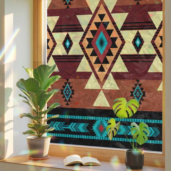 Window Privacy Film Turquoise Brown Boho Stained Glass Window Film Native Southwest Ethnic Rainbow Static Window Clings for Glass Windows Home Bathroom Living Room Office Door Sticker 17.7"39.3"