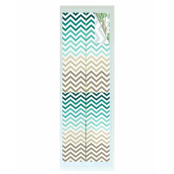 Window Privacy Film Turquoise Brown Stained Glass Window Film Decorative Sun Block Window Cover Gradient Geometric Stripes Chevron Wave Window Clings Static Adhesive Sticker for Bathroom 17.7"x78.7"
