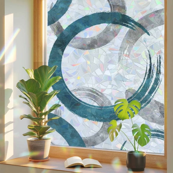 Window Privacy Film Turquoise Circles Stained Glass Window Film Geometric Abstract Twisted Lines Static Window Clings for Glass Windows Home Bathroom Living Room Office Door Sticker 17.7"39.3"