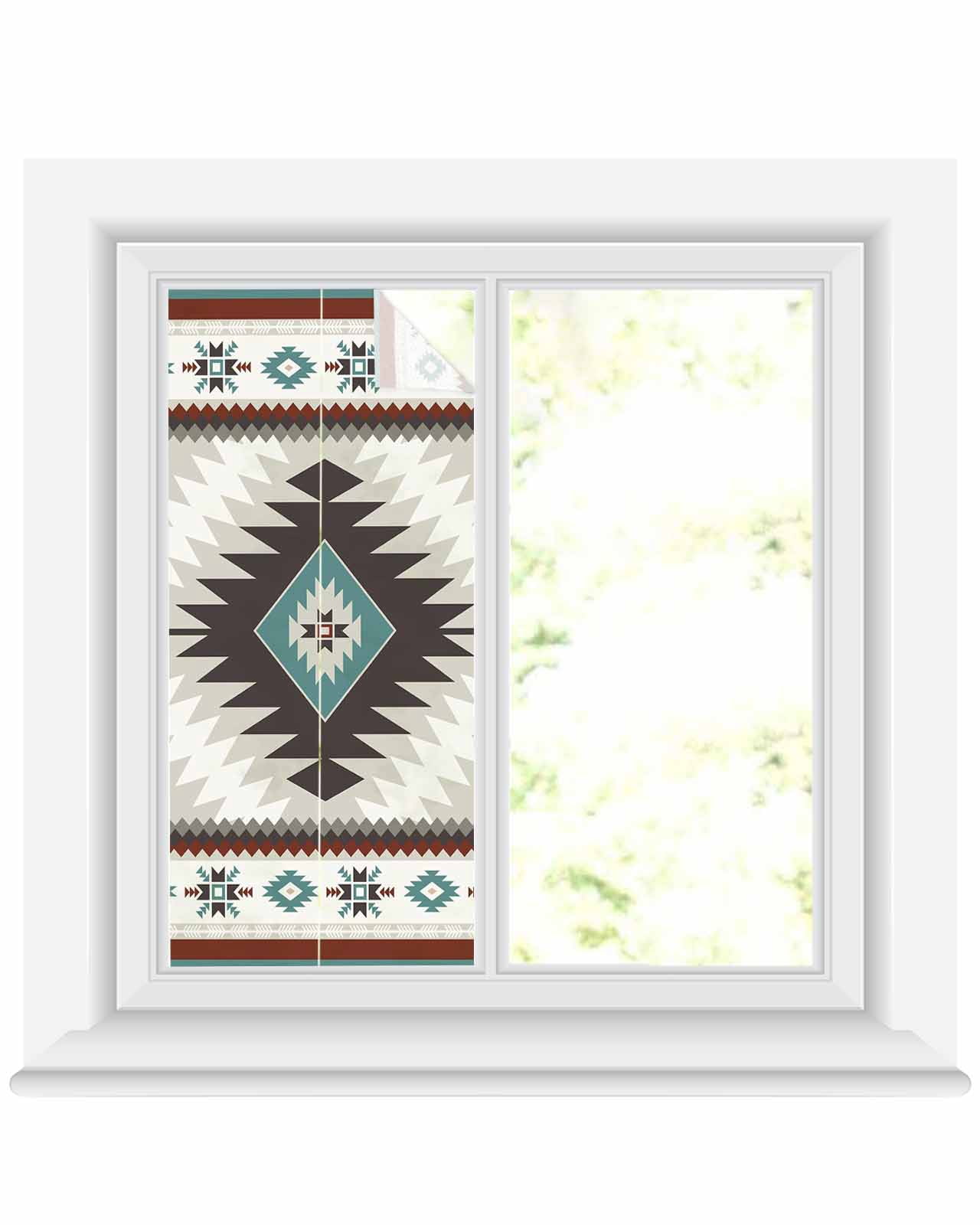 Window Privacy Film Turquoise Gray Boho Stained Glass Window Film Decorative Sun Block Window Cover Southwestern Ethnic Geometric Window Clings Static Adhesive Sticker for Bathroom 19.6"x39.3"