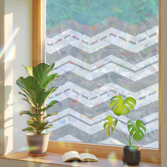 Window Privacy Film Turquoise Gray Waves Stained Glass Window Film Chevron Stripe Rainbow Static Window Clings for Glass Windows Home Bathroom Living Room Office Glass Door Sticker 17.7"39.3"