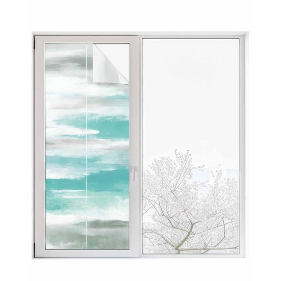 Window Privacy Film Turquoise Gray White Stained Glass Window Film Decorative Sun Block Window Cover Country Abstract Ombre Mottled Window Clings Static Adhesive Sticker for Bathroom 23.6"x59"