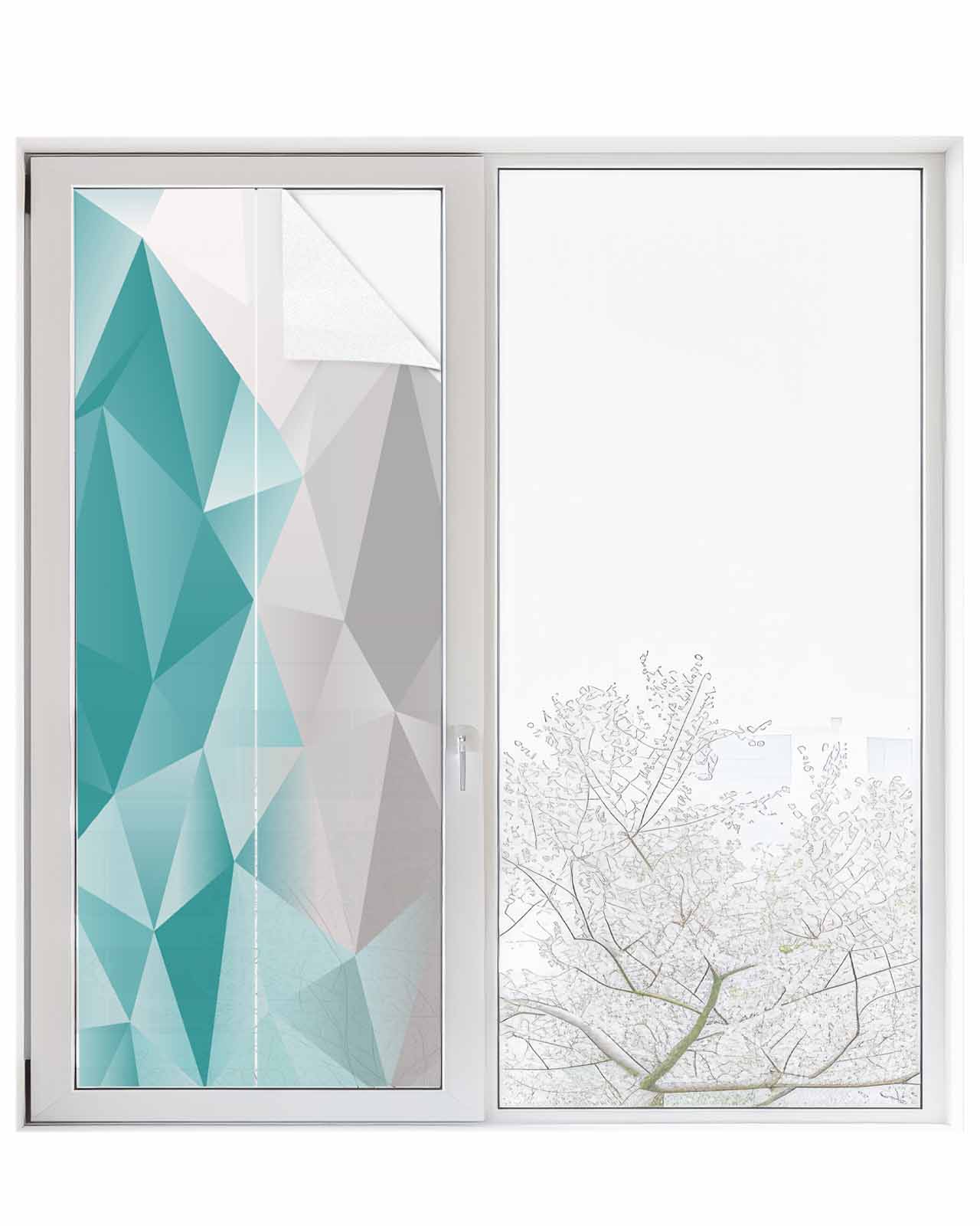 Window Privacy Film, Turquoise Green Grey Ombre UV Sun Blocking Window Tint Film Heat Control One Way Blackout Window Film, Geometric Gradient Marble Color Block Non Adhesive Static Cling 23.6x59 In