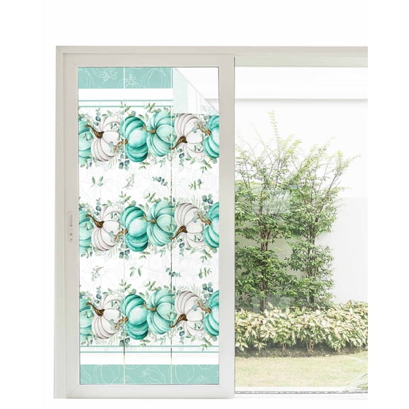 Window Privacy Film, Turquoise Green White Fall Sun Blocking Window Tint Film Heat Control One Way Blackout Window Film, Thanksgiving Pumpkins Eucalyptus Leaves Non Adhesive Static Cling 35.4x78.7 In