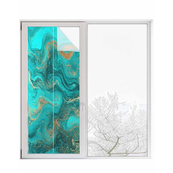 Window Privacy Film Turquoise Marble Stained Glass Window Film Decorative Sun Block Window Cover Farmhouse Modern Abstract Aesthetic Window Clings Static Adhesive Sticker for Bathroom 23.6"x59"