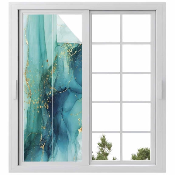 Window Privacy Film Turquoise Marble Stained Glass Window Film Decorative Sun Block Window Cover Modern Ink Painting Abstract Aesthetics Window Clings Static Adhesive Sticker for Bathroom 23.6"x59"