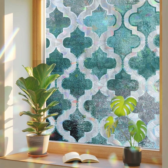 Window Privacy Film Turquoise Morocco Pattern Stained Glass Window Film Abstract Graffiti Art Rainbow Static Window Clings for Glass Windows Home Bathroom Living Room Office Door Sticker 17.7"39.3"