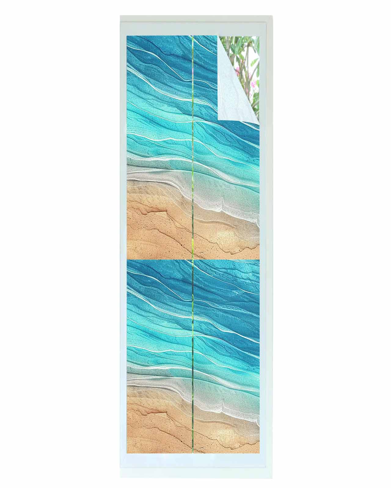 Window Privacy Film, Turquoise Ocean Ombre UV Sun Blocking Window Tint Film Heat Control One Way Blackout Window Film, Spring Summer Coastal Sea Wave Non Adhesive Static Cling Sticker 23.6x78.7 In