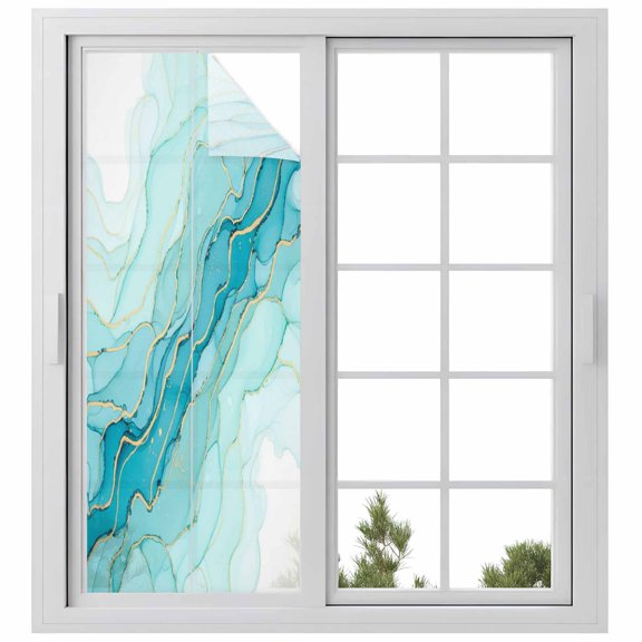 Window Privacy Film Turquoise Ombre Marble Stained Glass Window Film Decorative Sun Block Window Cover Modern Abstract Art Marble Fluid Window Clings Static Adhesive Sticker for Bathroom 23.6"x59"