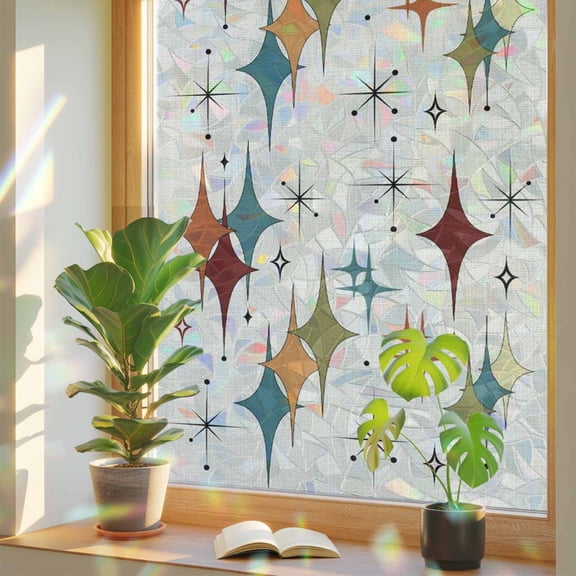 Window Privacy Film Turquoise Red Orange Diamond Stained Glass Window Film Modern Geometric Mid Century Linen Static Window Clings for Glass Windows Bathroom Living Room Office Sticker 17.7"39.3"