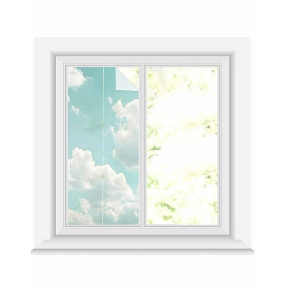 Window Privacy Film Turquoise Sky Stained Glass Window Film Decorative Sun Block Window Cover Rustic Retro Clouds Landscape Window Clings Static Adhesive Sticker for Bathroom 17.7"x39.3"