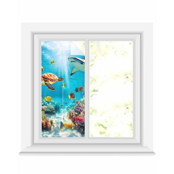 Window Privacy Film Turtle Stained Glass Window Film Decorative Sun Block Window Cover Shark Ocean Coral Underwater Scenery Sea Window Clings Static Adhesive Sticker for Bathroom 19.6"x39.3"